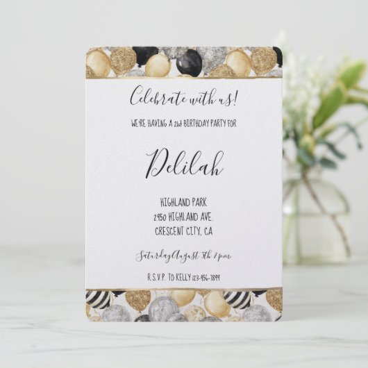 Black Silver Gold Glam Balloons Birthday 招待状 (スタンド正面)