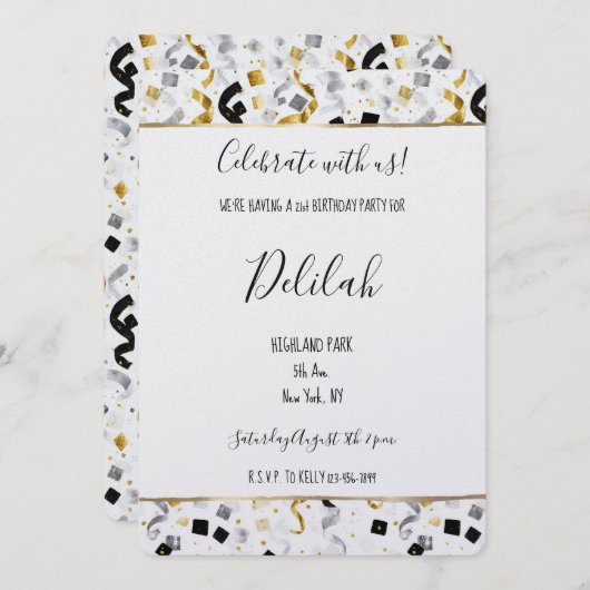 Black Silver Gold Glam Confetti Birthday 招待状 (正面/裏面)