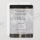 Black Silver Gold Glam Firework City Birthday 招待状 (正面)