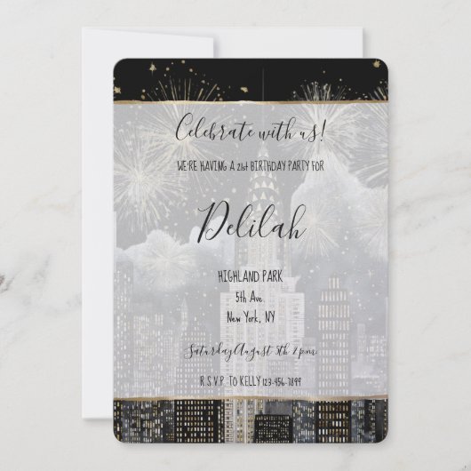 Black Silver Gold Glam Firework City Birthday 招待状 (正面)