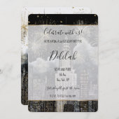 Black Silver Gold Glam Firework City Birthday 招待状 (正面/裏面)