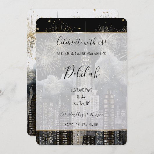 Black Silver Gold Glam Firework City Birthday 招待状 (正面/裏面)