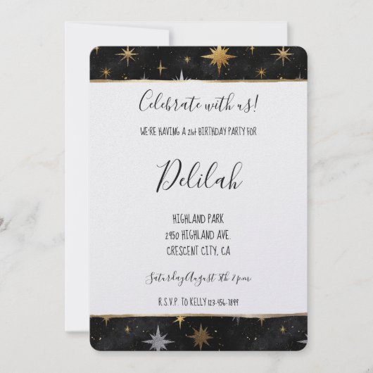 Black Silver Gold Glam Firework Stars Birthday 招待状 (正面)