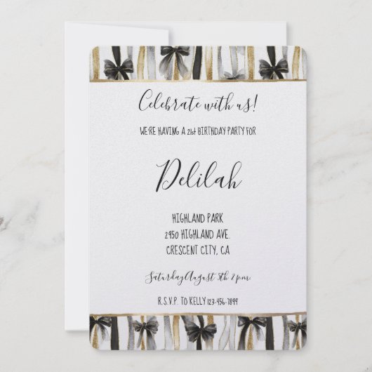 Black Silver Gold Glam Ribbons & Bows Birthday 招待状 (正面)