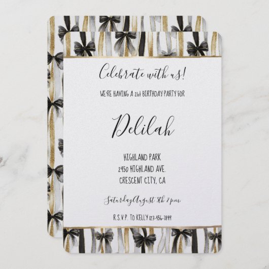 Black Silver Gold Glam Ribbons & Bows Birthday 招待状 (正面/裏面)
