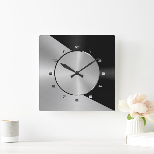 Black & Silver Modern Metallic Geometric design 2 スクエア壁時計 (ホーム)