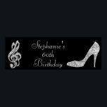 Black/Silver Music Note & Stiletto 60th Birthday ポスター<br><div class="desc">Womens' and girls' personalized, elegant custom 60th birthday party celebration party banner. Beautiful black and silver girls' and woman's sixtieth / sixty years old / 60 year old birthday party banners with a glamorous printed image rhinestones / diamonds glitter, sequins, jewels sparkle high heel stiletto shoe, and glittery musical notes...</div>