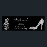 Black/Silver Music Note & Stiletto 60th Birthday ポスター<br><div class="desc">Womens' and girls' personalized, elegant custom 60th birthday party celebration party banner. Beautiful black and silver girls' and woman's sixtieth / sixty years old / 60 year old birthday party banners with a glamorous printed image rhinestones / diamonds glitter, sequins, jewels sparkle high heel stiletto shoe, and glittery musical notes...</div>