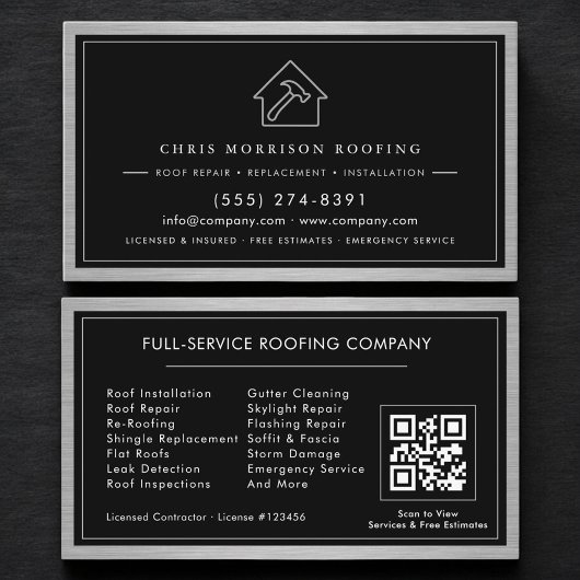 Black Silver Roofing Construction Services QR Code 名刺