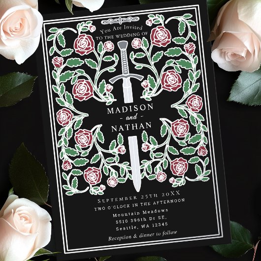 Black Silver Royal Sword Medieval Fantasy Wedding  箔招待状