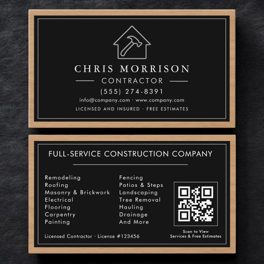 Black Silver Wood Construction Contractor QR Code 名刺