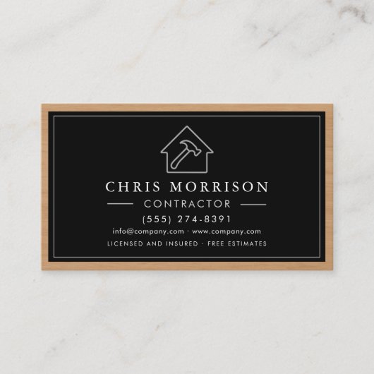 Black Silver Wood Construction Contractor QR Code 名刺 (正面)