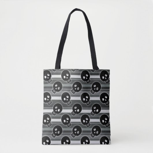 Black Skulls on Black White Stripe Pattern トートバッグ (正面)