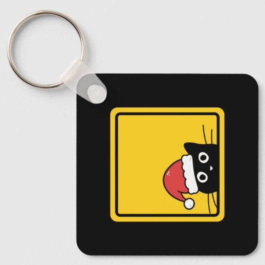 Black Sneaky Santa Cat U.S. Warning Sign キーホルダー (正面)