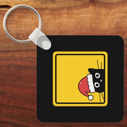 Black Sneaky Santa Cat U.S. Warning Sign キーホルダー (正面)
