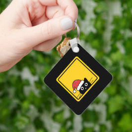 Black Sneaky Santa Cat U.S. Warning Sign キーホルダー