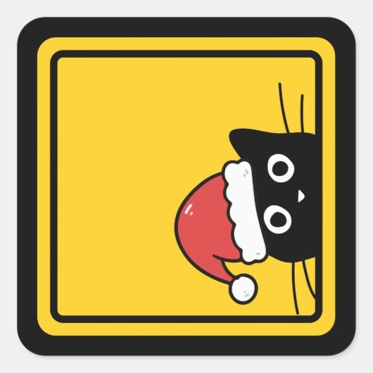 Black Sneaky Santa Cat U.S. Warning Sign スクエアシール (正面)