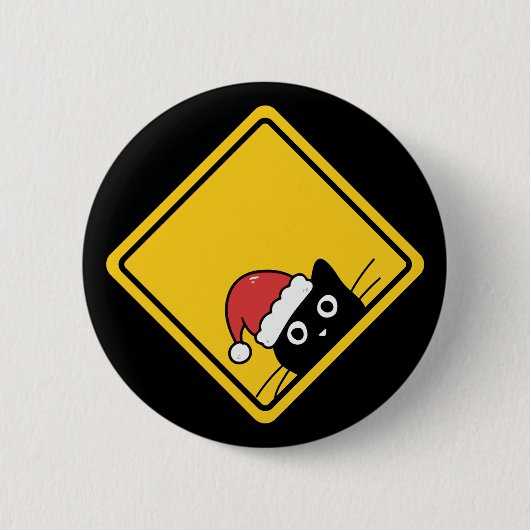 Black Sneaky Santa Cat U.S. Warning Sign 缶バッジ (正面)