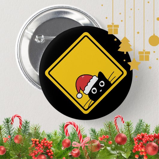Black Sneaky Santa Cat U.S. Warning Sign 缶バッジ