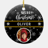 Black Snowflakes Custom Name Merry Christmas Photo セラミックオーナメント (裏面)