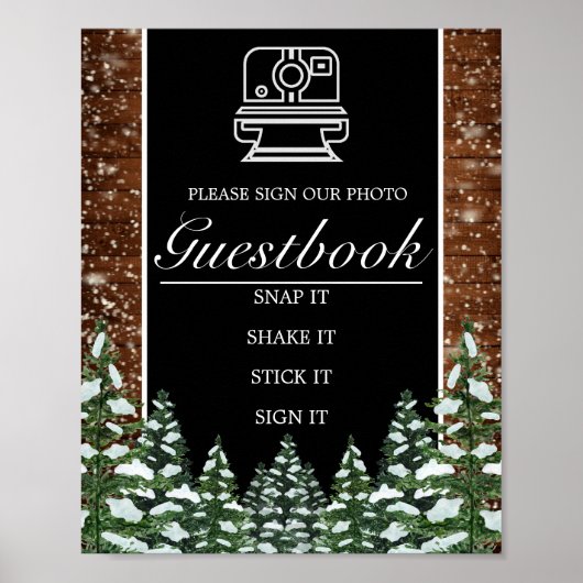 Black Snowy Wood & Forest Photo Book Wedding Sign ポスター (正面)