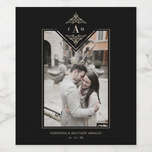 Black Sophisticate Flourish Chic Golden Initials ワインラベル (シングルラベル)