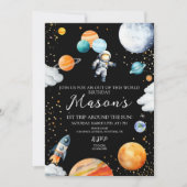Black Space Astronaut Balloon Planets 1st Trip 招待状 (正面)