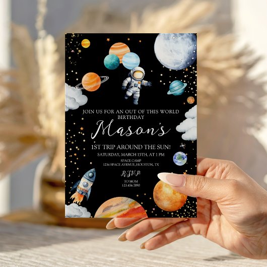 Black Space Astronaut Balloon Planets 1st Trip 招待状