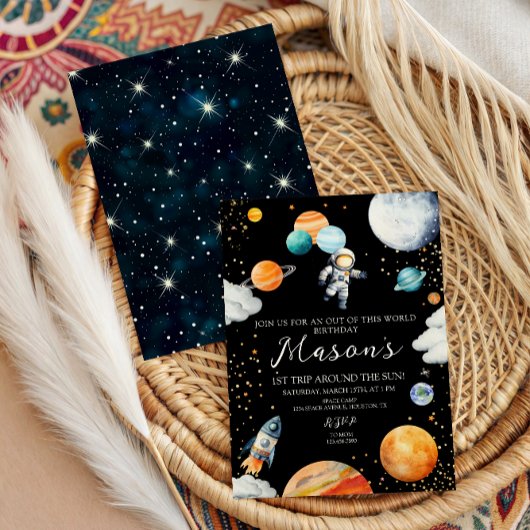 Black Space Astronaut Balloon Planets 1st Trip 招待状