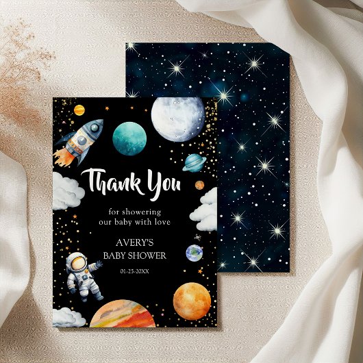 Black Space Rocket Thank You Card Baby Boy Shower サンキューカード