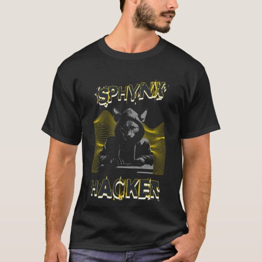 Black Sphynx Cat Hacker Men's T-shirt Tシャツ (正面)