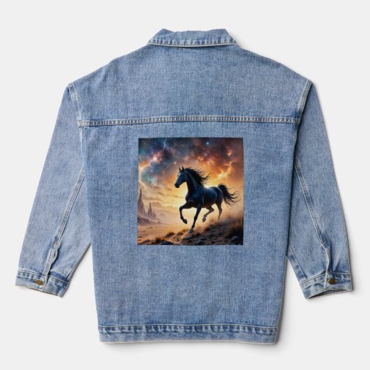 Black Stallion in Desert Nebula stars lightning デニムジャケット (裏面)