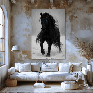 Black Stallion in Snow Western Horse Art キャンバスプリント