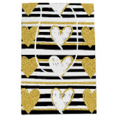 Black Stripe Gold Heart Glam Pattern (1) ミディアムペーパーバッグ (正面)
