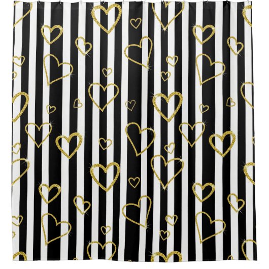 Black Stripe Gold Heart Glam Pattern (6) シャワーカーテン (正面)