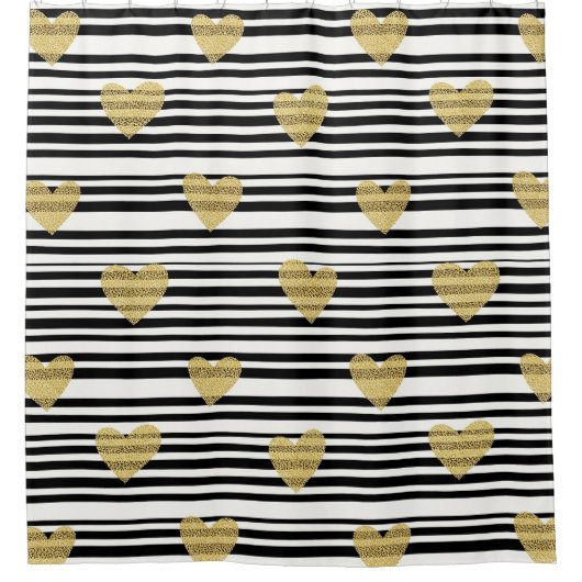 Black Stripe Gold Heart Glam Pattern (8) シャワーカーテン (正面)