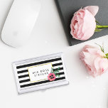 Black Stripe & Pink Floral Business Card Holder 名刺入れ<br><div class="desc">This sleek and feminine business card holder features chic black and white stripes with a pretty watercolor pansy flower and faux gold accents. Customize with a monogram,  name or text of your choice! Matching business cards and accessories available in our shop.</div>