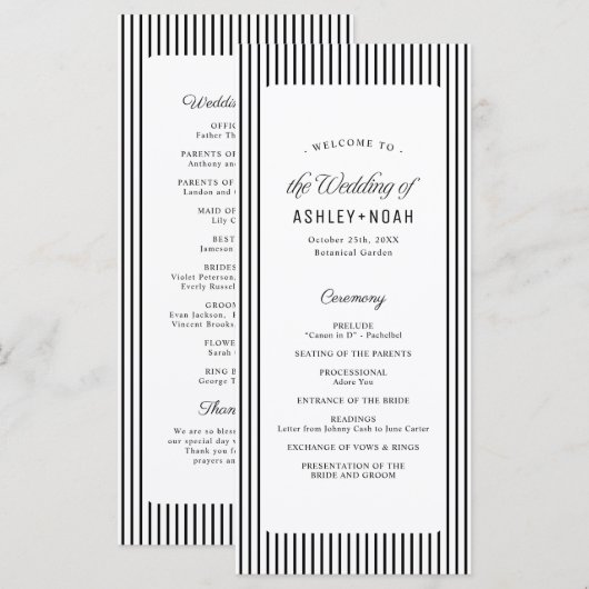 Black Striped Elegance Classy Wedding Program メニュー (正面/裏面)