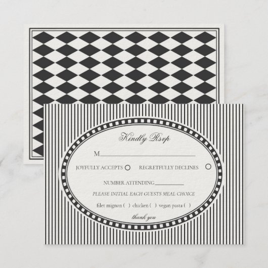 Black Striped Harlequin Pattern Wedding RSVP エンクロージャーカード (正面/裏面)