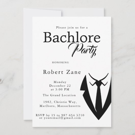 Black Suit & Tie Men's Bachelor Party Invitation 招待状 (正面)