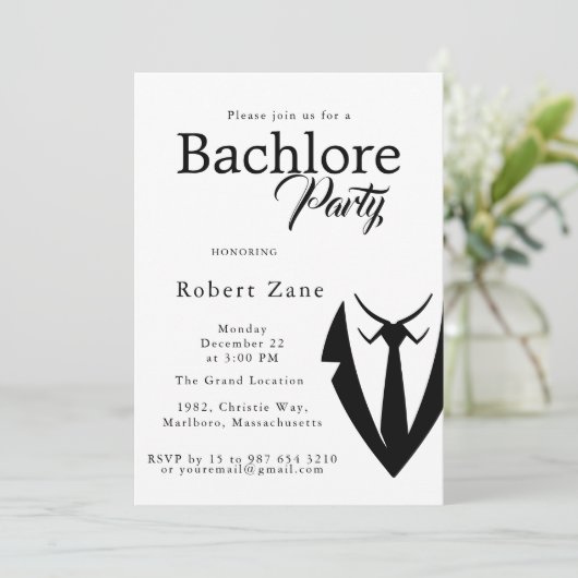 Black Suit & Tie Men's Bachelor Party Invitation 招待状 (スタンド正面)