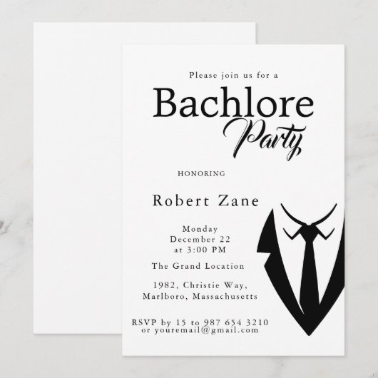 Black Suit & Tie Men's Bachelor Party Invitation 招待状 (正面/裏面)