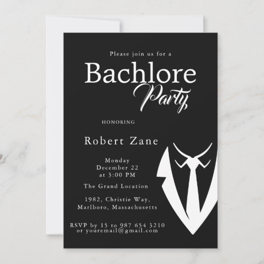 Black Suit & Tie Men's Bachelor Party Invitation 招待状 (正面)