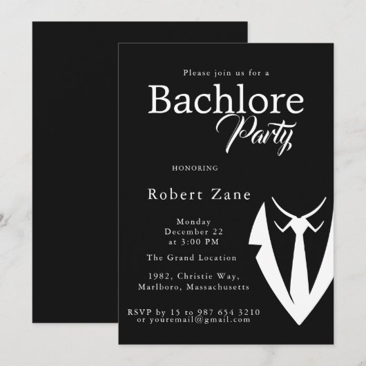 Black Suit & Tie Men's Bachelor Party Invitation 招待状 (正面/裏面)