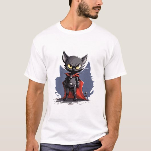 Black Superhero Cat with Red Cape T-Shirt Tシャツ (正面)