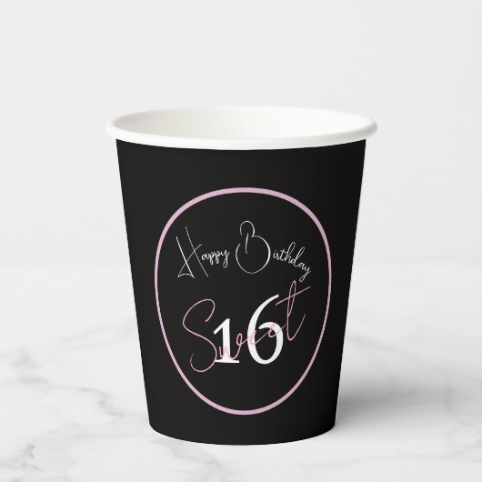 Black Sweet 16 Pink & White Script Paper cup 紙コップ (裏面)