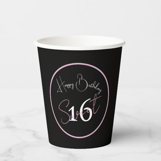 Black Sweet 16 Pink & White Script Paper cup 紙コップ (正面)
