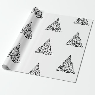 Black Swirls Christmas Trees on White ラッピングペーパー
