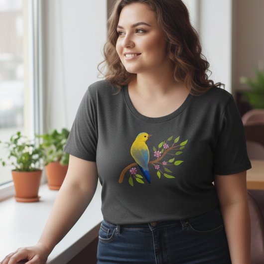 Black T-Shirt with Watercolor Bird プラスサイズTシャツ
