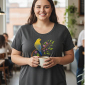 Black T-Shirt with Watercolor Bird プラスサイズTシャツ